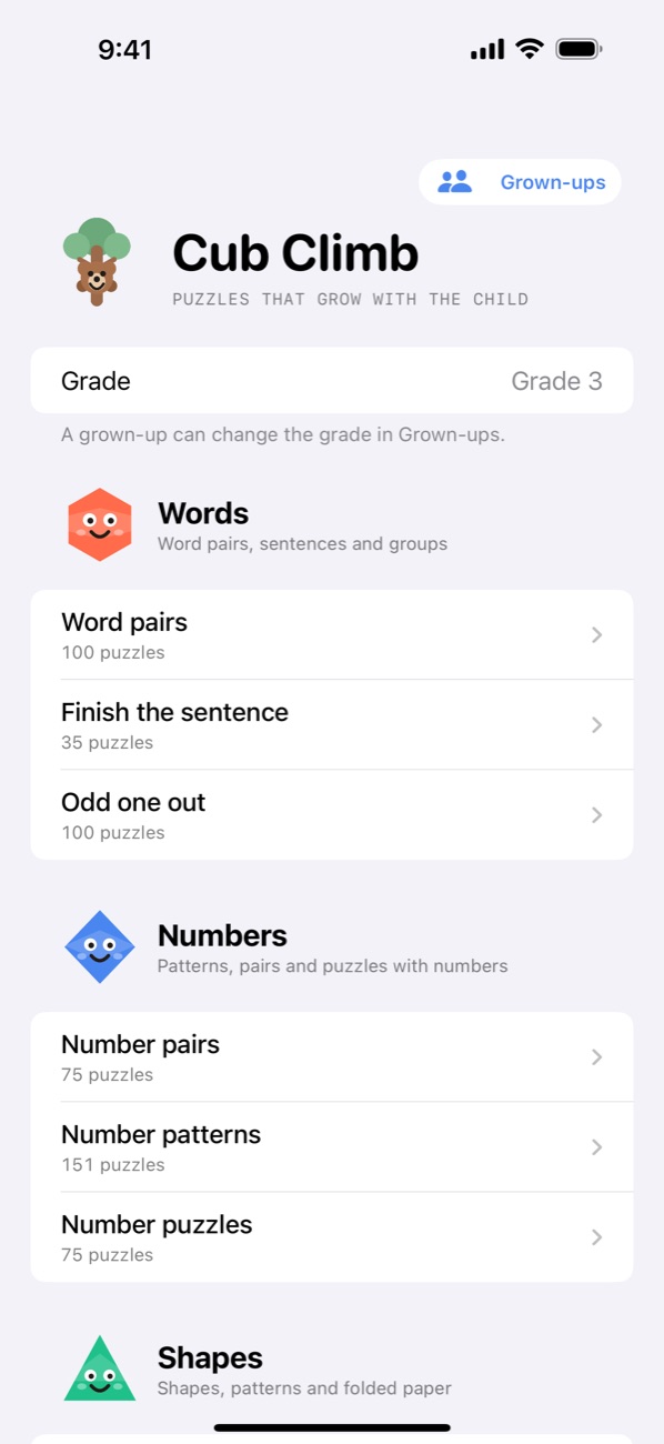 Cub Climb home screen: Words, Numbers and Shapes, each with three kinds of puzzle, and the grade a grown-up set.