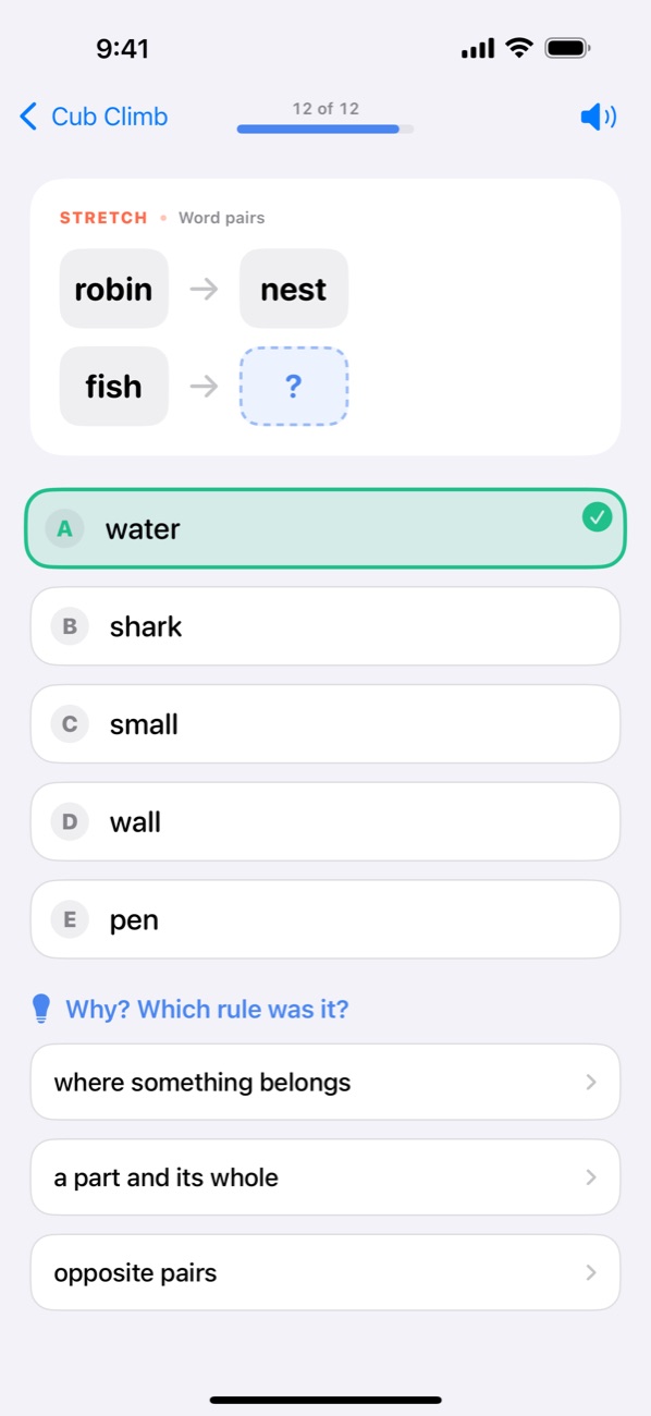 A word-pair puzzle — robin is to nest as fish is to water — with the answer picked, and the app asking “Why? Which rule was it?”