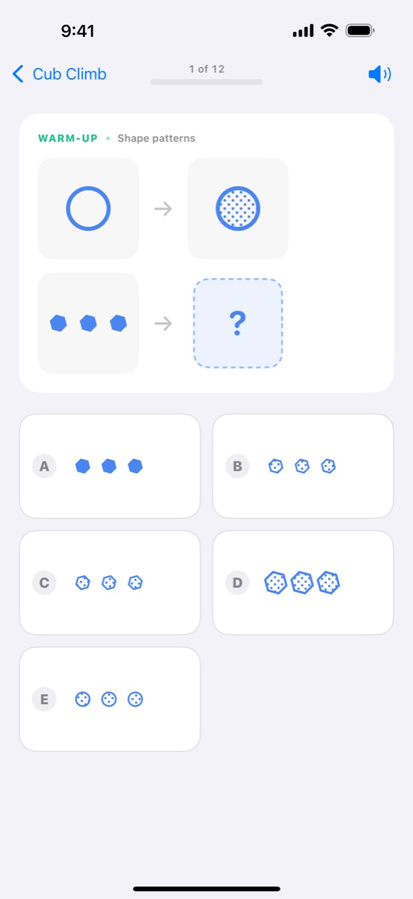 A shape-pattern puzzle: an outline circle becomes a dotted circle; what do three solid hexagons become?