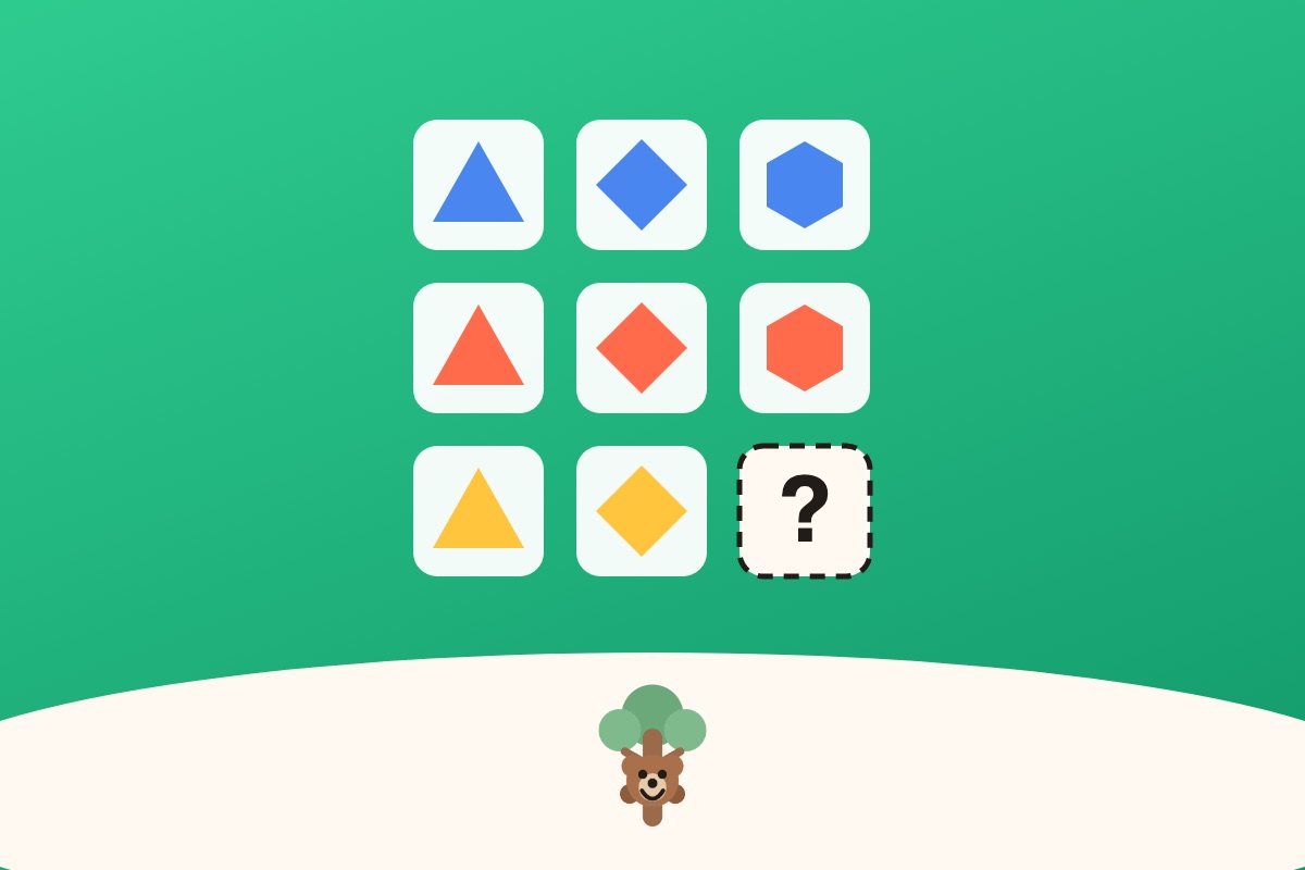 A grid of triangles, diamonds and hexagons in three colours on green, with the last square a question mark.