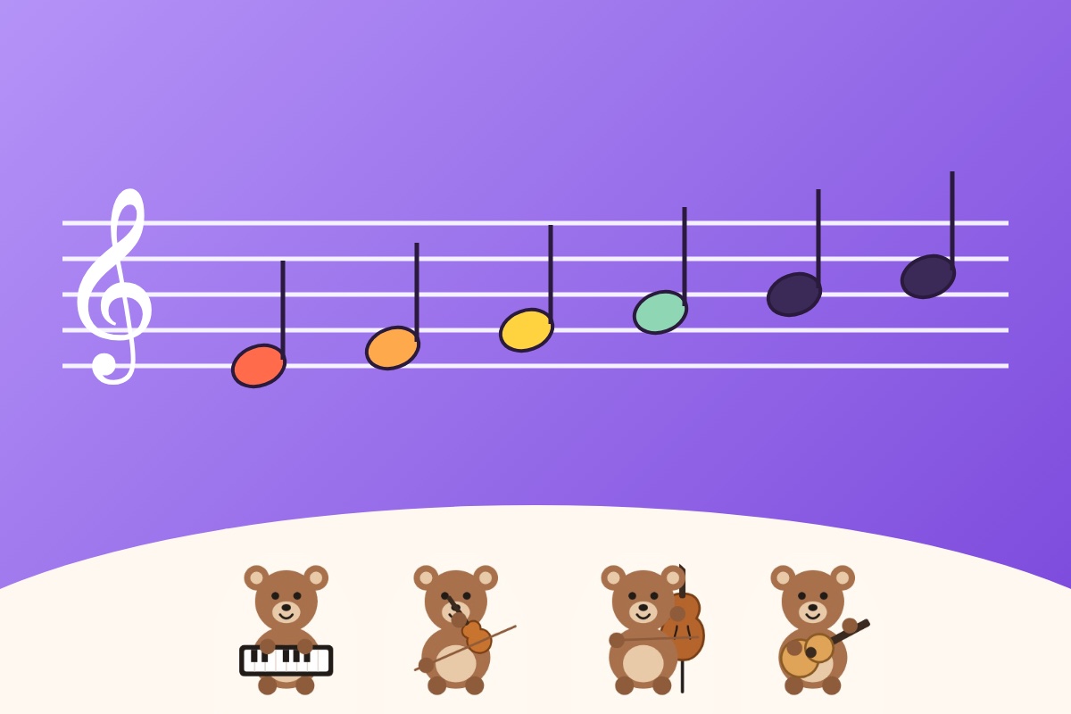 Six notes climbing a treble staff on purple, the first four in bright colours and the last two in plain dark ink, above cubs playing piano, violin, cello and guitar.