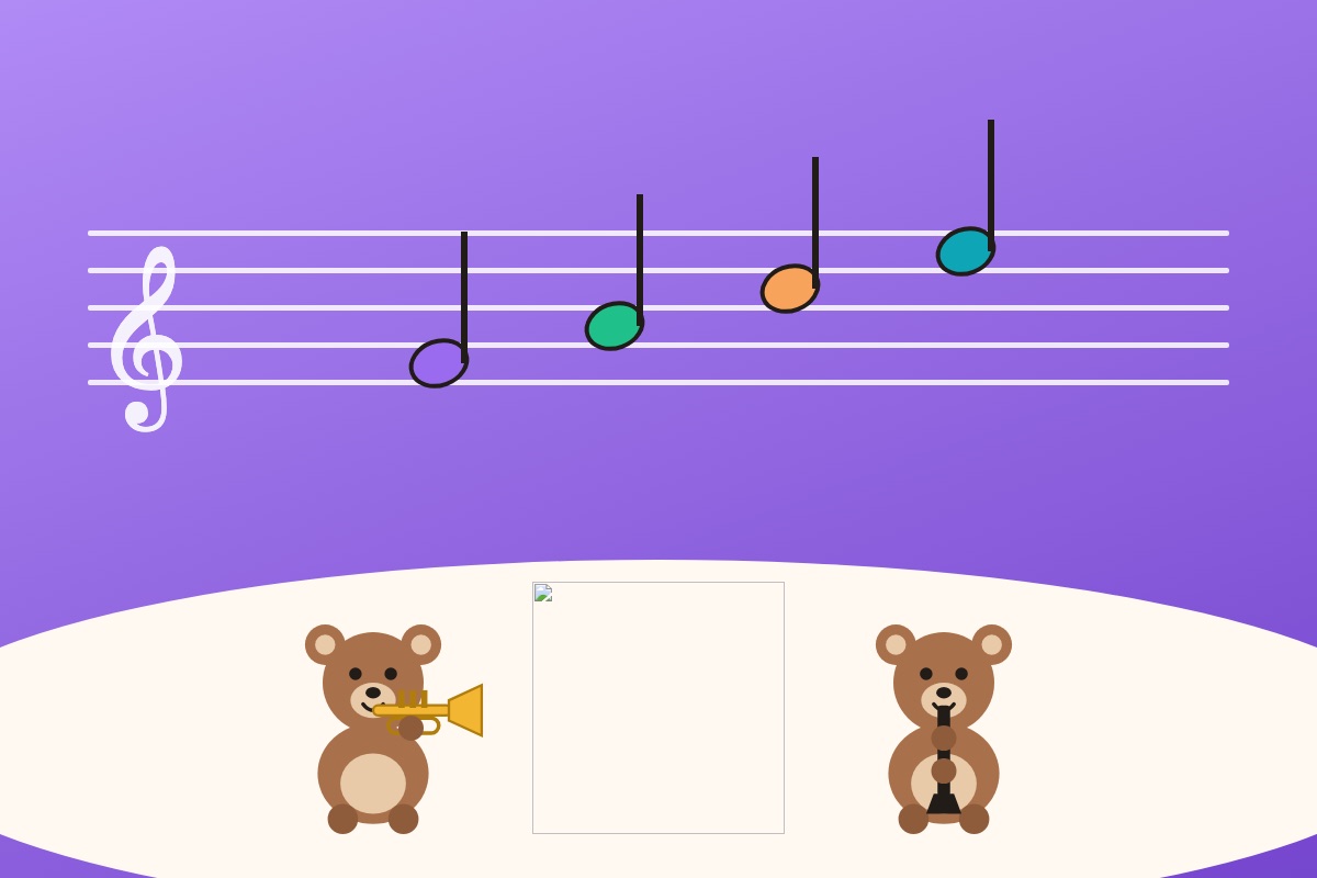 Four coloured notes on a staff above cubs playing trumpet, flute and clarinet.