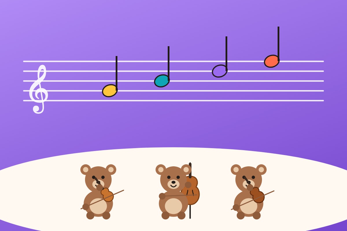 Coloured notes on a treble staff above three cubs playing violin, cello and viola.